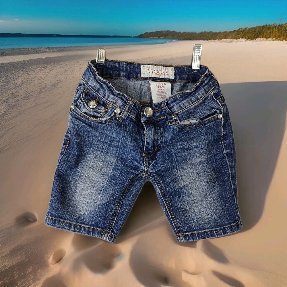 Vigoss Denim Shorts Youth Girls 7 The Malibu Blue Denim Zip Up Fly Five Pocket